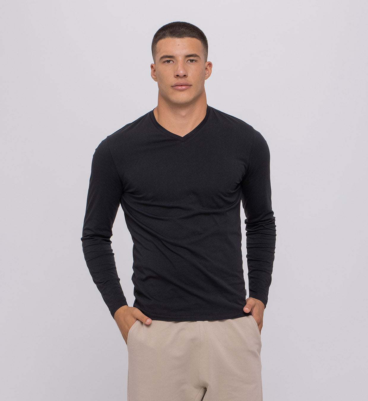 Men’s Basic Long-Sleeve V-Neck Cotton Top