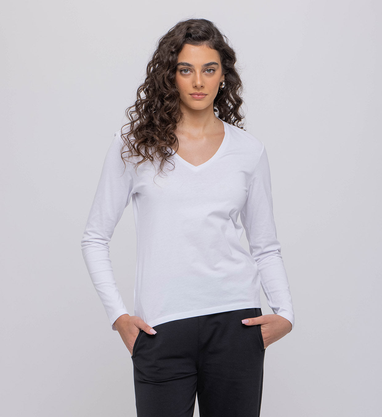Women’s Basic Long-Sleeve V-Neck Cotton Top