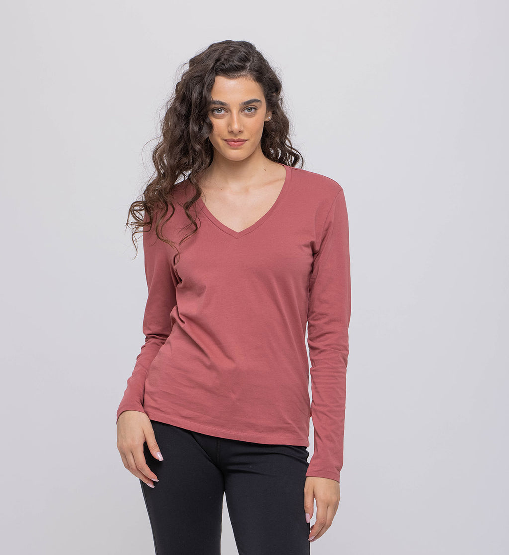 Women’s Basic Long-Sleeve V-Neck Cotton Top