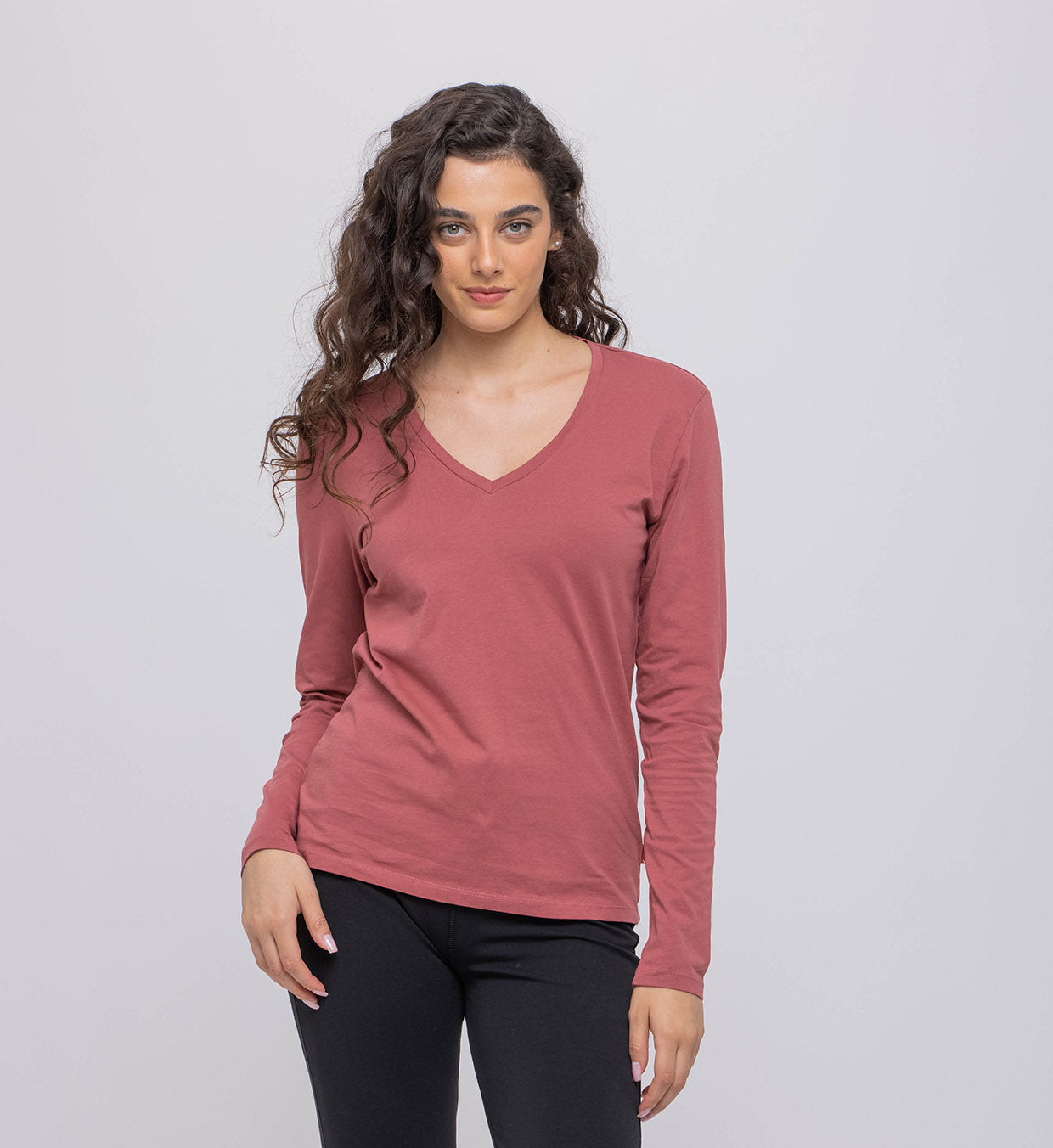 Women’s Basic Long-Sleeve V-Neck Cotton Top