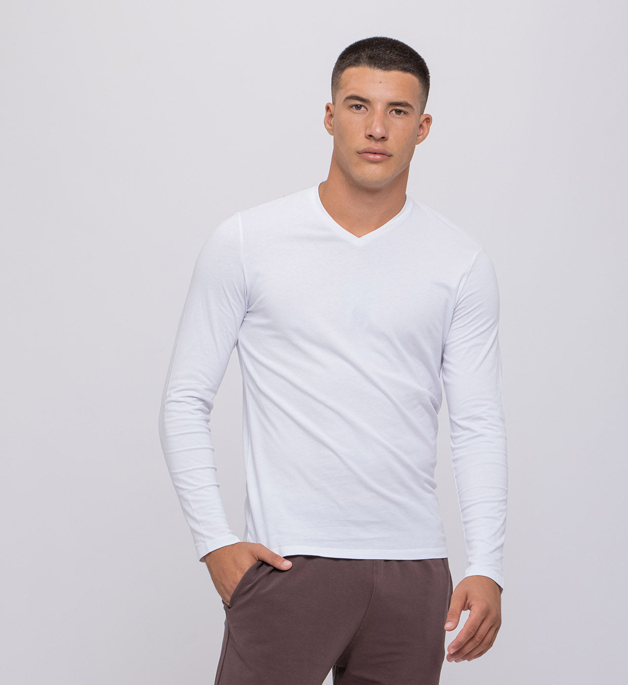 Men’s Basic Long-Sleeve V-Neck Cotton Top