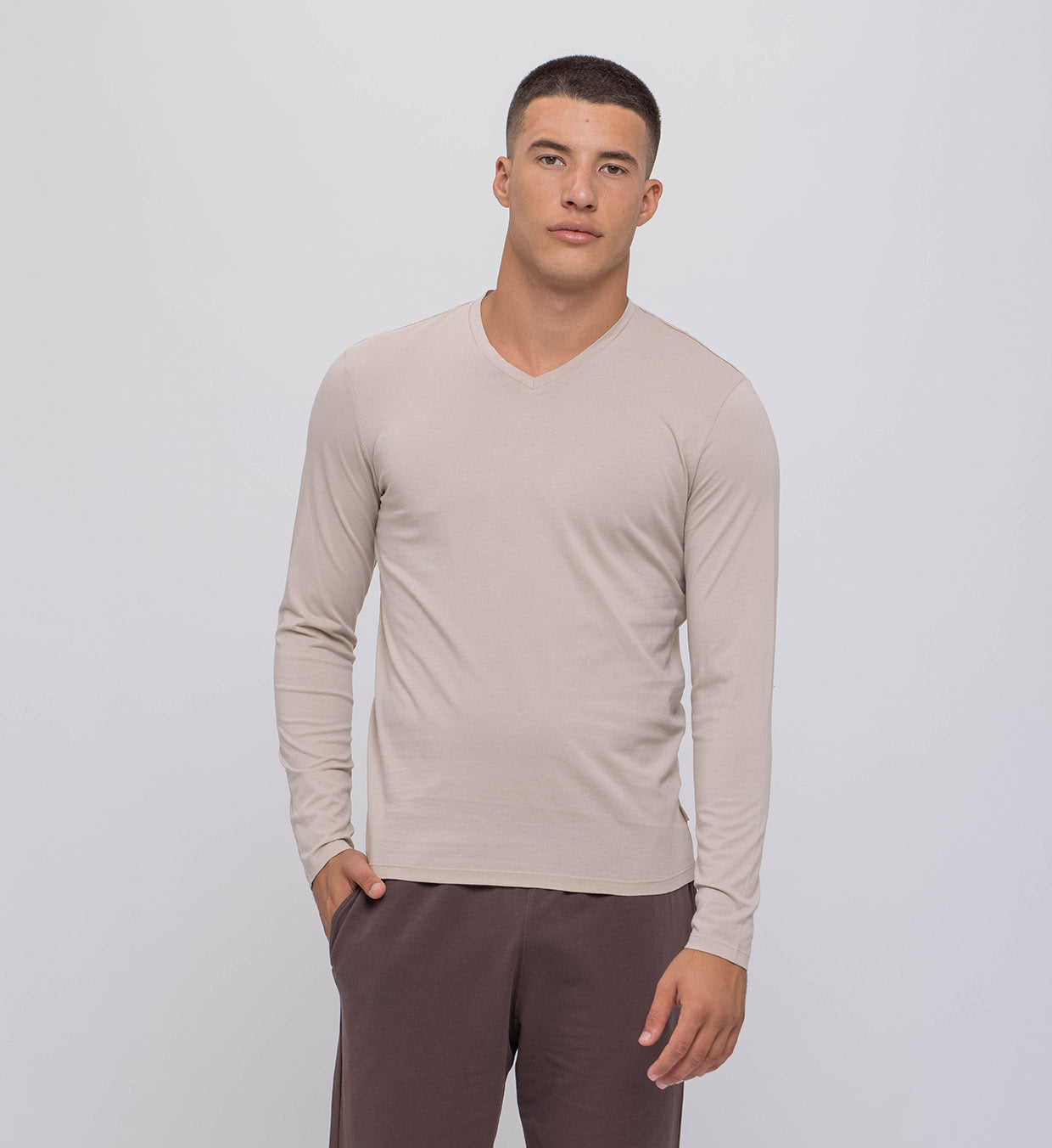 Men’s Basic Long-Sleeve V-Neck Cotton Top